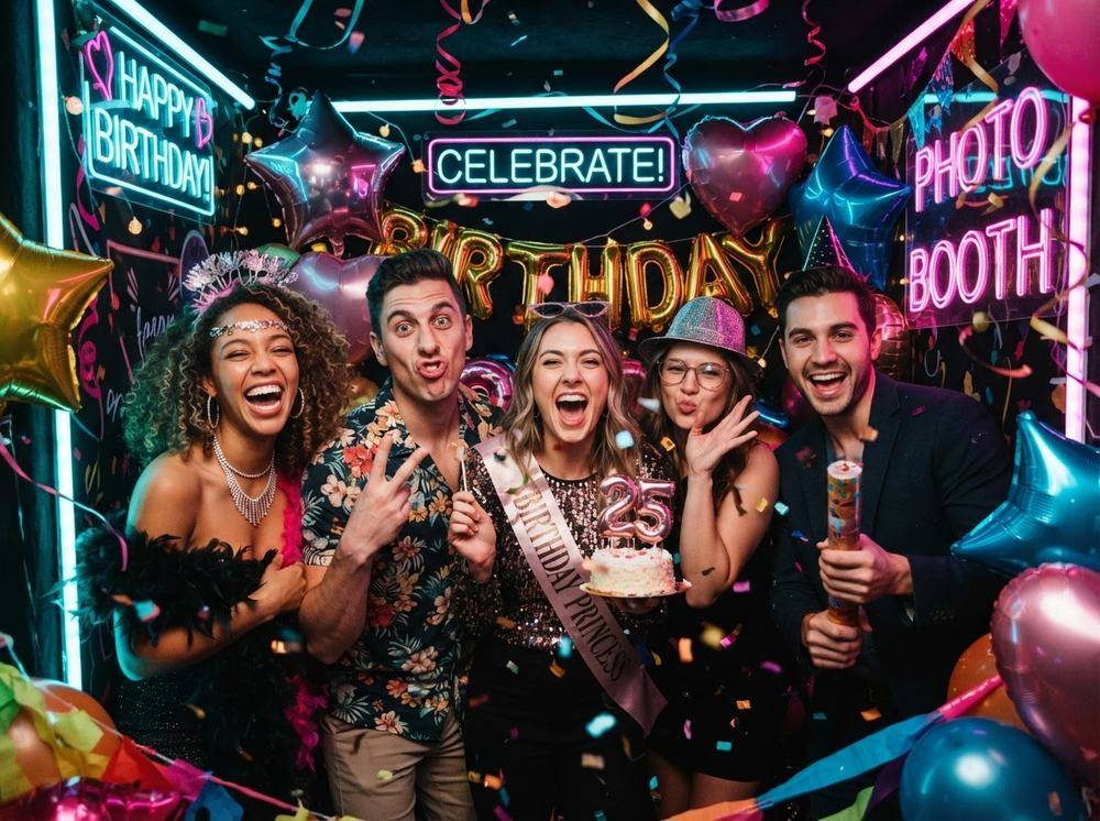 Birthday celebration with neon signs and balloons