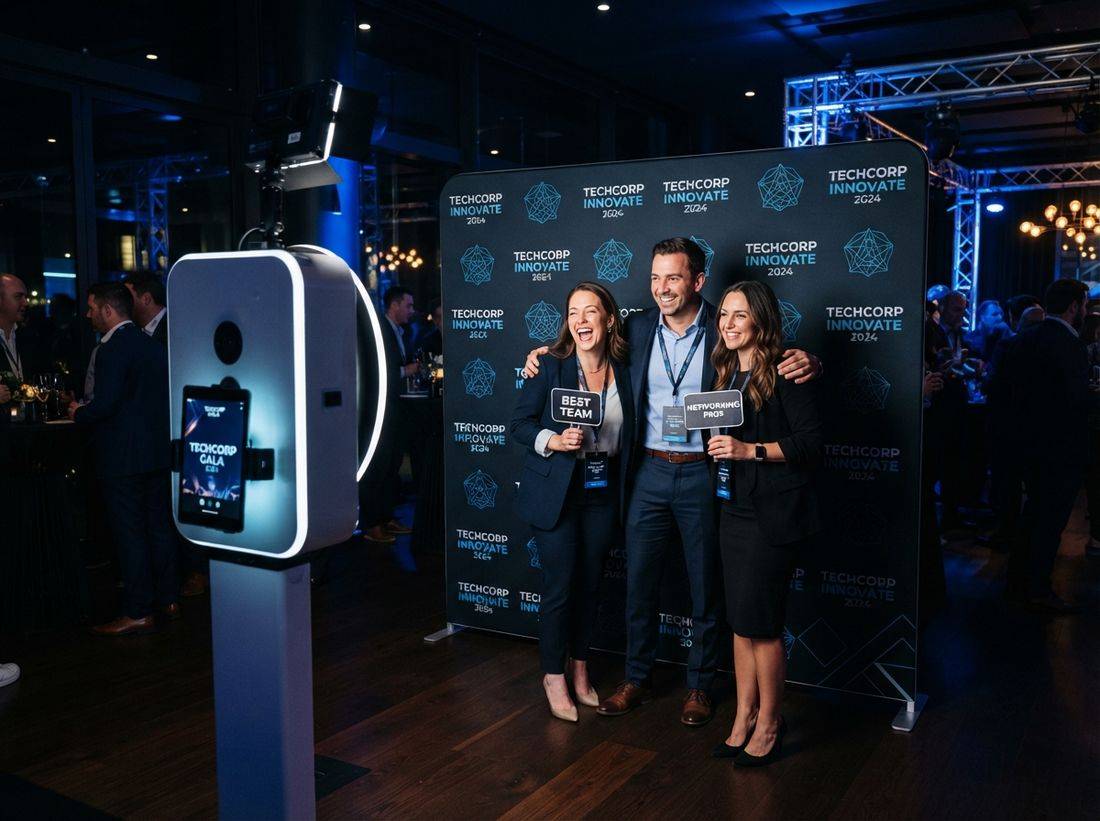 Guests at a corporate event photo booth